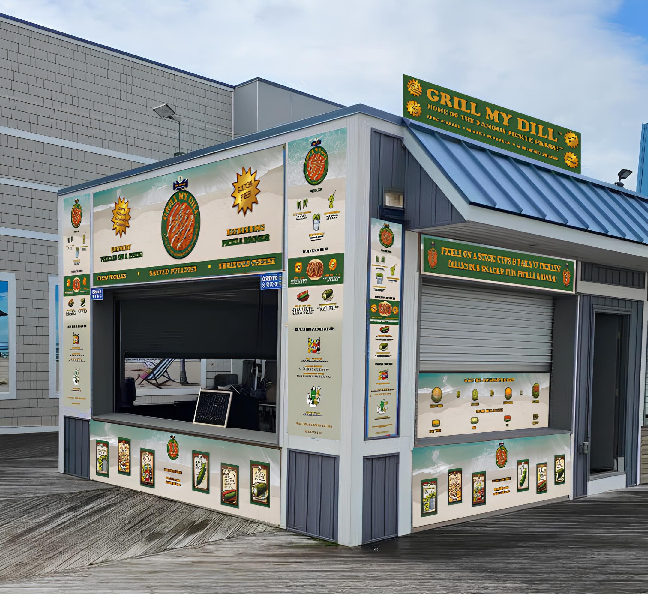 Grill My Dill green-and-gold kiosk on the Seaside Heights boardwalk